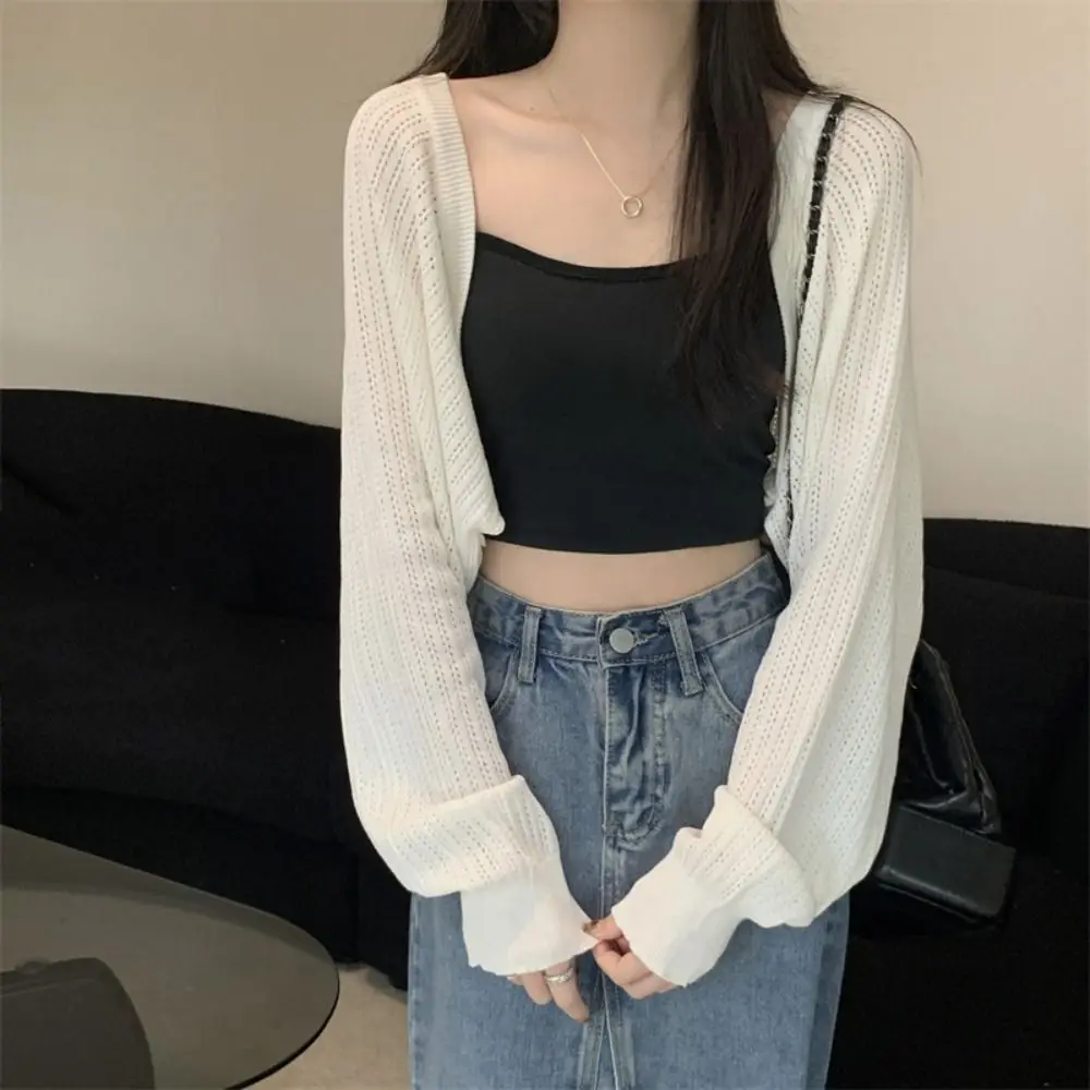 

Retro Hollow Knitted Shawl Thin Long Sleeves Knitted Crochet Top Loose Solid Color Knit Cardigan Women