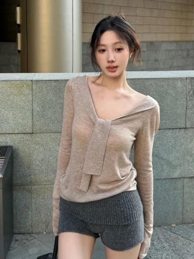 シックな V ネックロングスウェットニットセーター女性のスリムフィットピュアカラーベルト付きトップ韓国 Sle 秋の新着