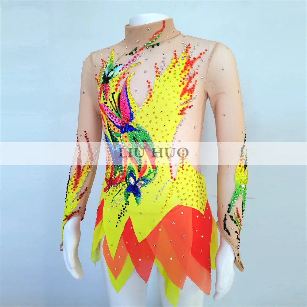 LIUHUO Rhythmic Gymnastics Leotard Customize Women Girl Costume Performance Competition Dance Dress Aerobics Yellow Ice Skating