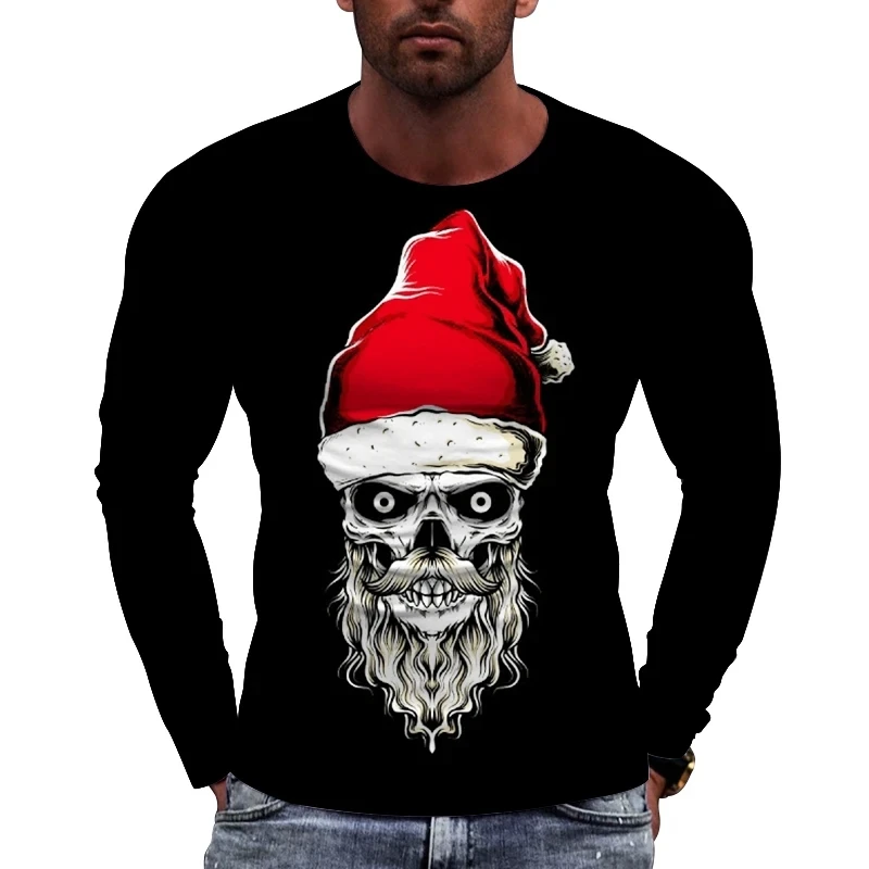 New Tide Funny Santa Claus Pattern European Size long Sleeved T-shirt For Men's Casual Autumn Trend Top Round Neck Tee