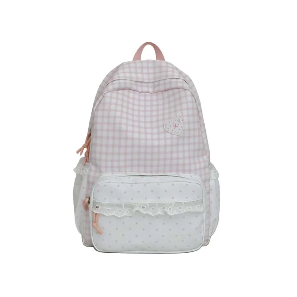 Korean Style Gingham Backpack Pastel Colors Ruffle Design Lace Schoolbag Heart Embroidery Adjustable Straps Plaid Daypack