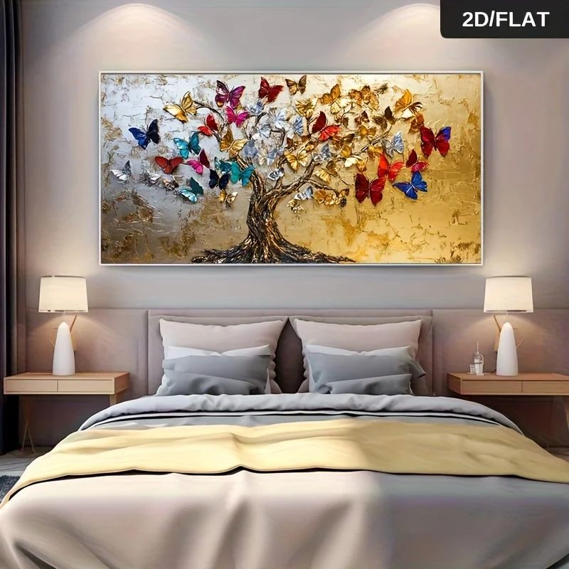 Vibrant Butterfly Tree of Life Canvas Art Unframed Modern Abstract Large Size Golden Tree Multicolor Butterflies Canvas Wall Art