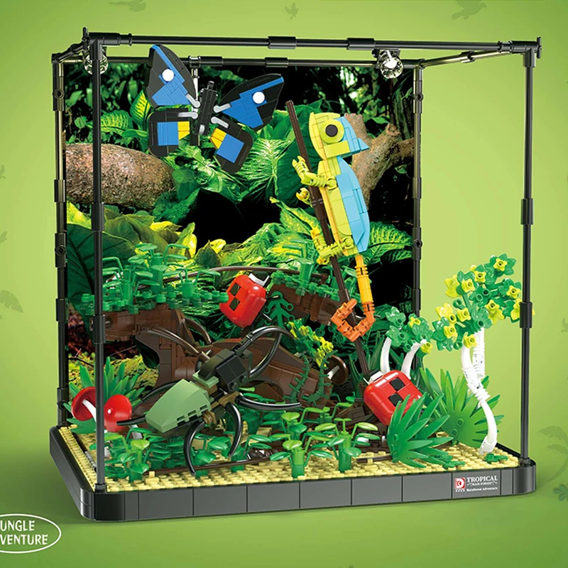 Décennie s de construction MOC pour adultes et enfants, tiges créatives, modèle de forêt tropicale humide, caméléon et papillon, jouets de puzzle en brique, cadeaux d'anniversaire