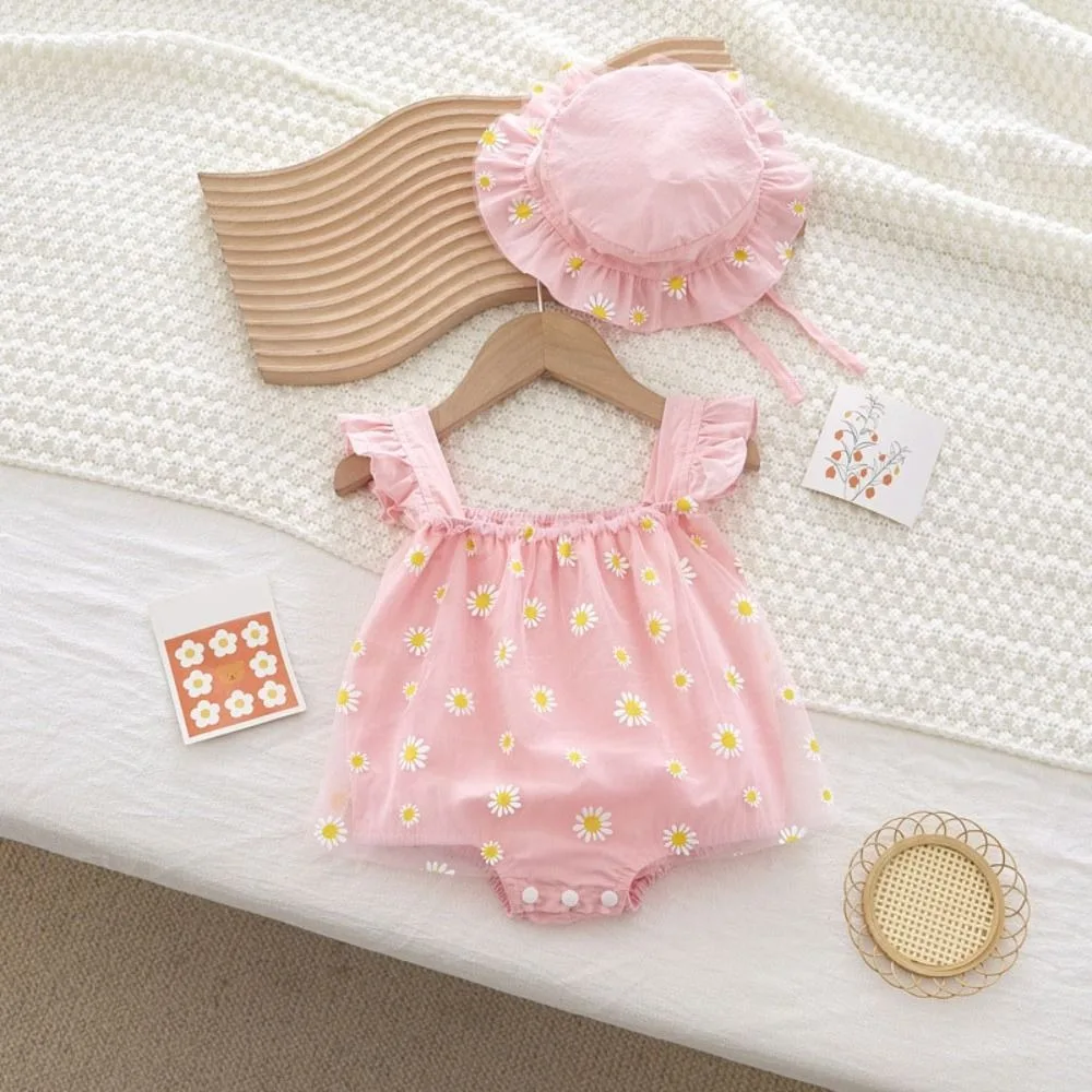 

Mesh Flower Baby Princess Dress with Hat Sleeveless Sweet Thin Baby Climbing Suit Loose Infant Romper Toddle Jumpsuits Holiday
