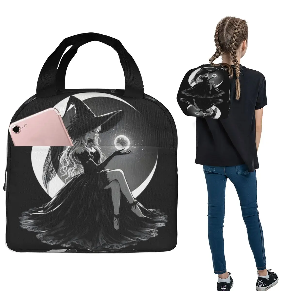 Mystical Gothic Witch With Moon Orb Insulated Lunch Bag for Women Children Portable Food Boxes Thermal Lunch Box Tote