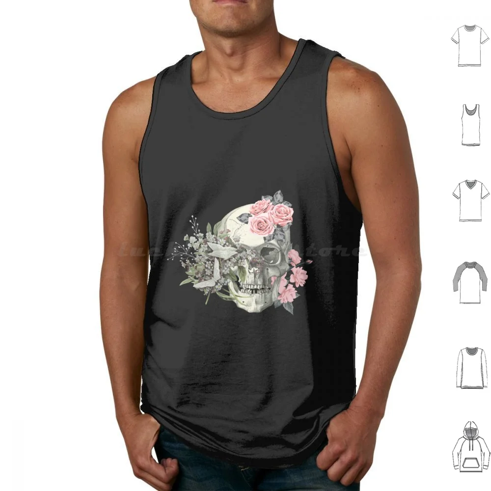 Skull Surrounded By Flowers Bones And Botany Halloween Tank Tops Print Cotton Bones Botany Skeleton Plants Animals Bats