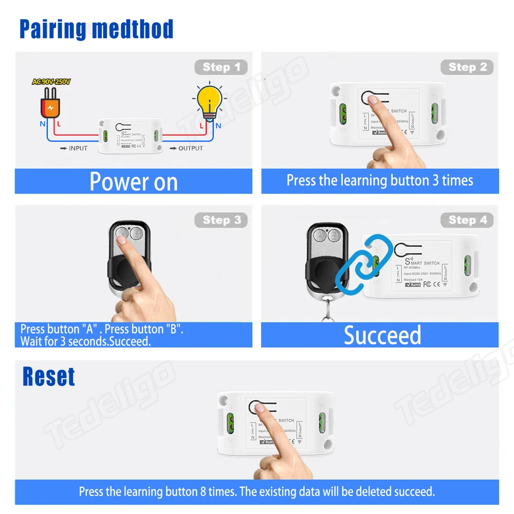 433 MHz Wireless Remote Control Light Switch 220V 110V 10A 1 CH Relay Receiver With A/B Transmitter Controller For Lighting Led