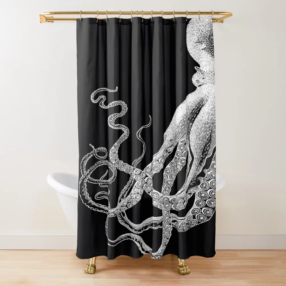 

Half Octopus Left Side Vintage Octopus Tentacles Sea Creatures Nautical Ocean Sea Beach Diptych Black and White Shower Curtain
