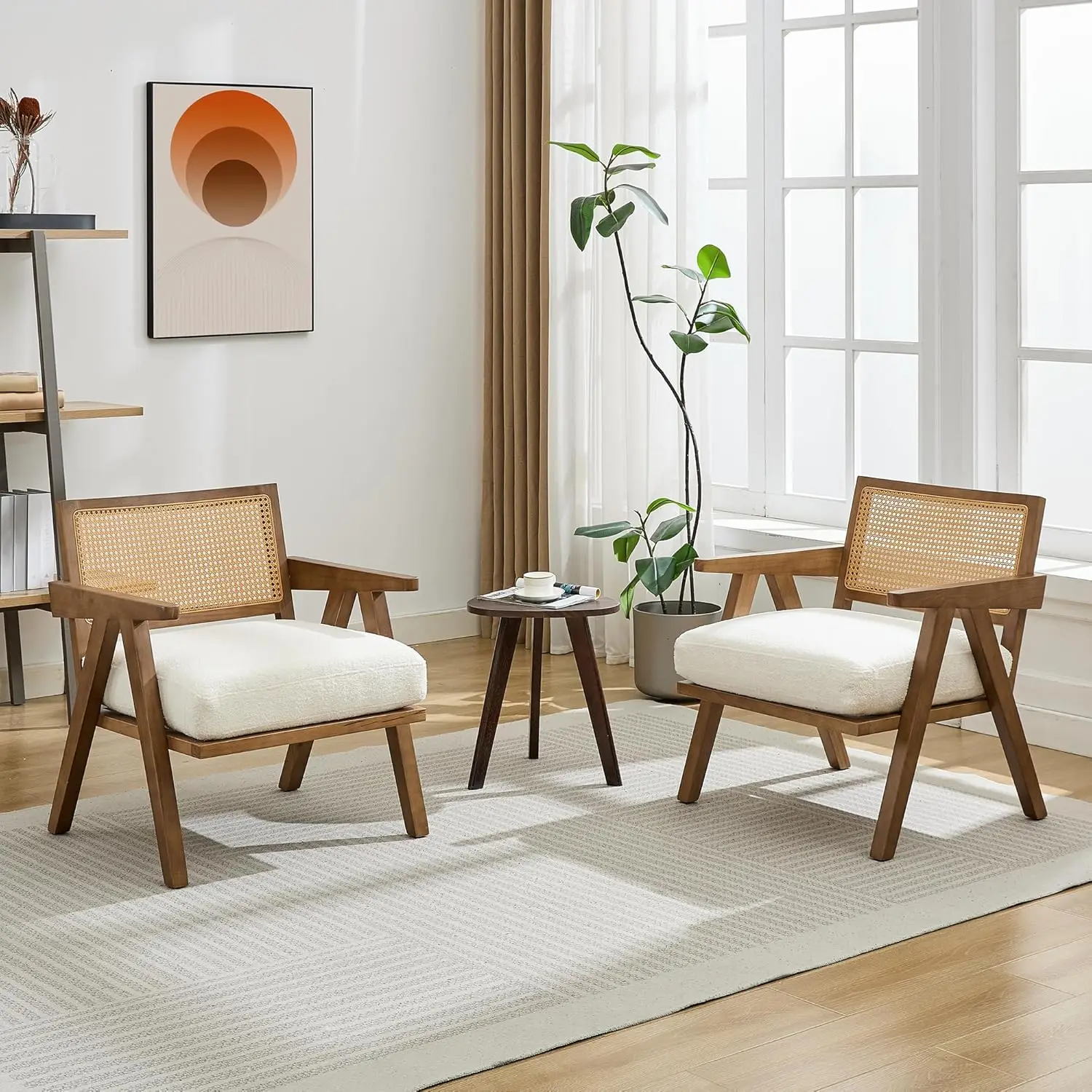 Mid-Century Modern Accent Chair for Living Room, Sturdy Wood Armchair, Rattan Backrest, Soft Stuffed Velvet Cushion, Comfortable Lounge Seating, Easy 