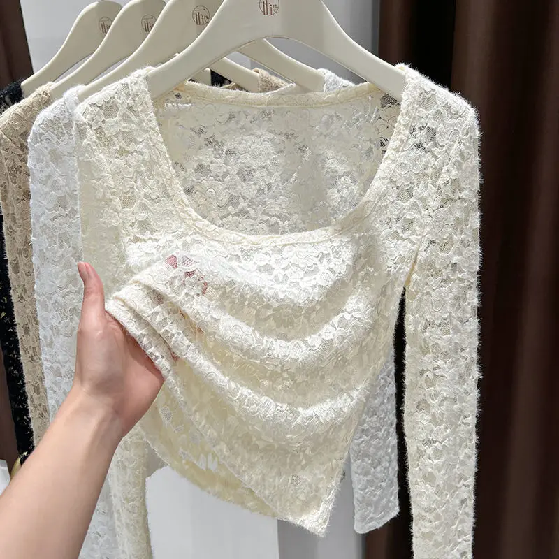 plus Size Lace Hollow out Long Sleeve T-Shirt Women's Fashion Mesh Top Sweet Spicy Pure Color Korean Style Commute Wind