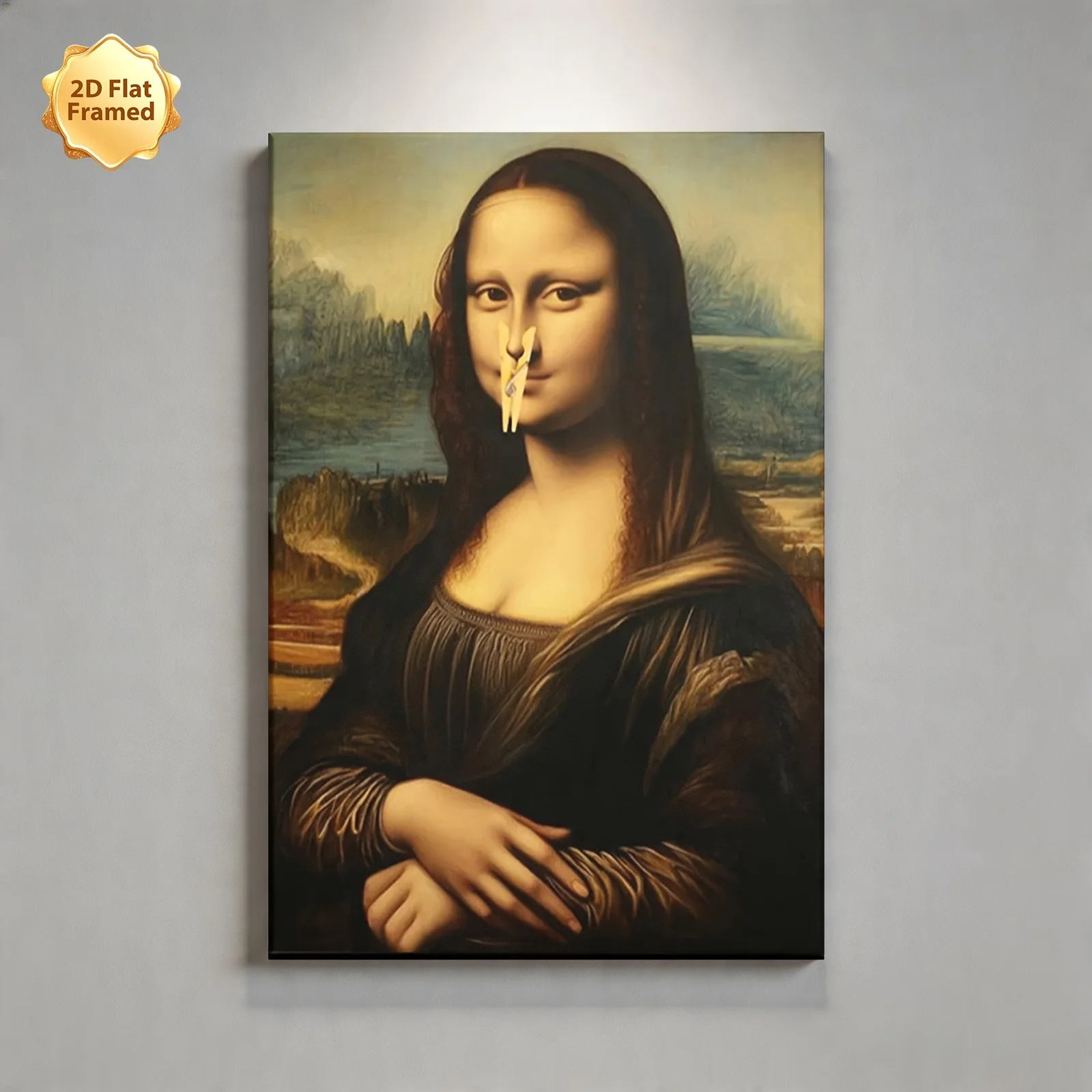 (No frame)2D Flat, 1pc, Framed 2D Flat Canvas Print, Funny Mona Lisa with Clothespin on Nose, Ideal for Decorating Living Roo