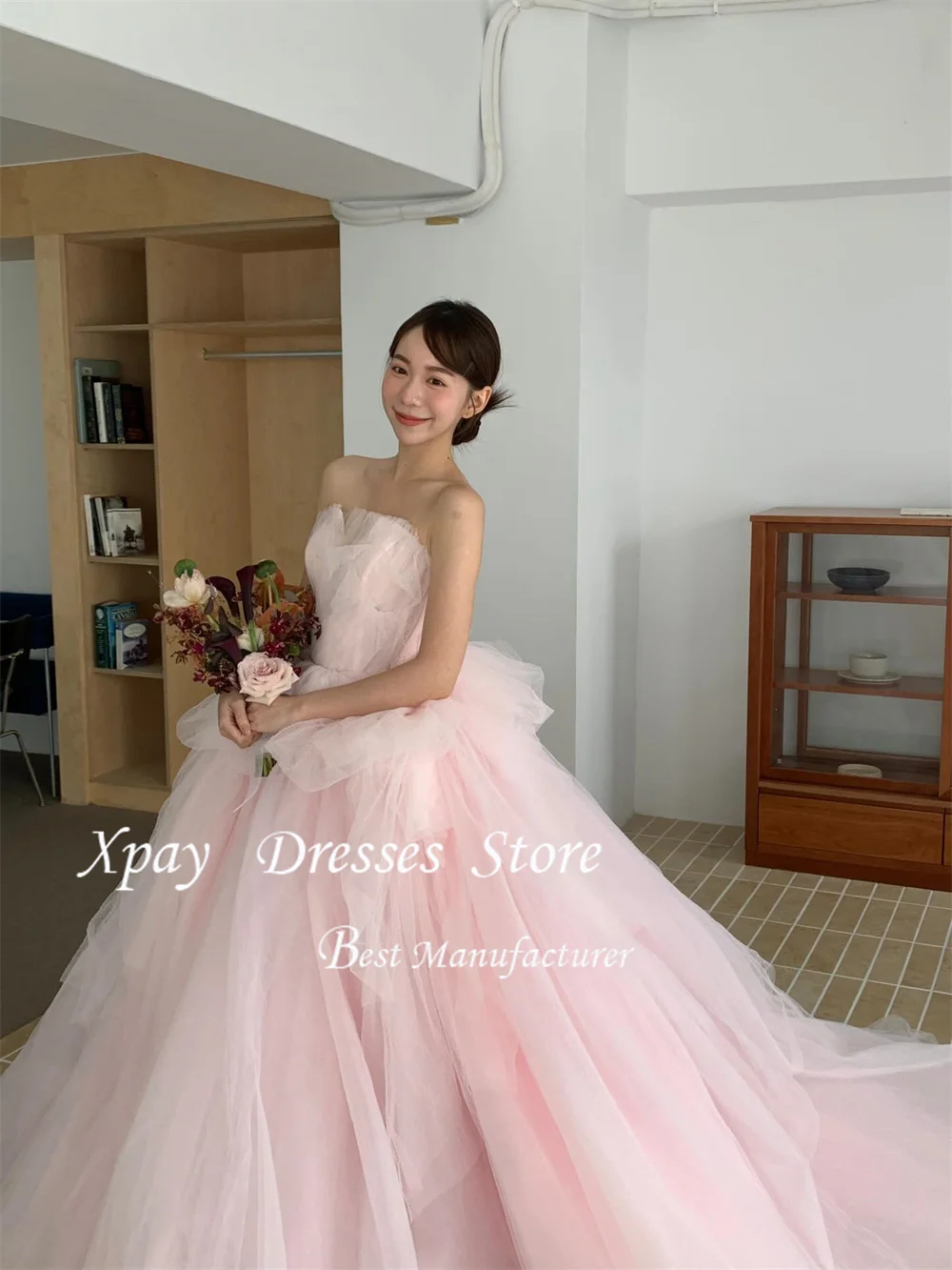 فساتين XPAY Princess Pink بدون حمالات بطيات كورية على شكل حرف a للحفلات لالتقاط الصور بطول الأرض فساتين منتفخة مخصصة