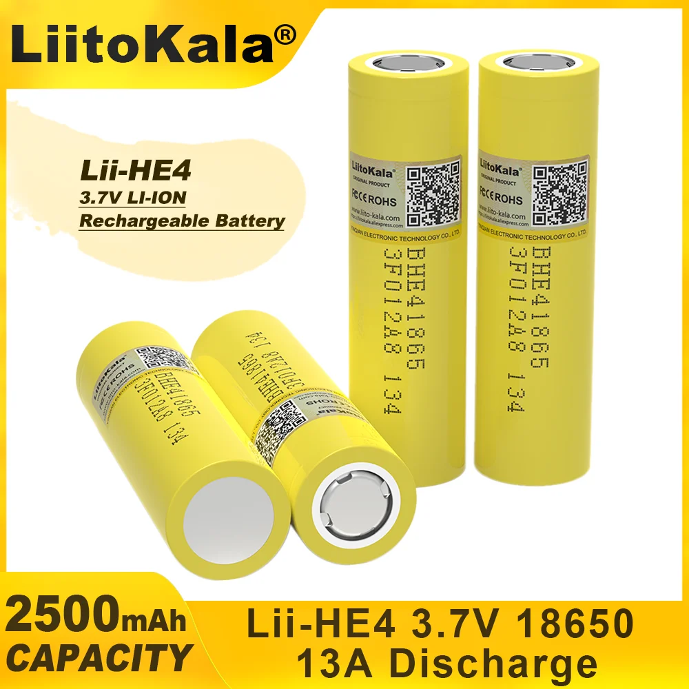 Liitokala-2500mAh Li-lon Battery, Lii-HE4, 18650, 3.7 V, maximum discharge of 13A 1-9