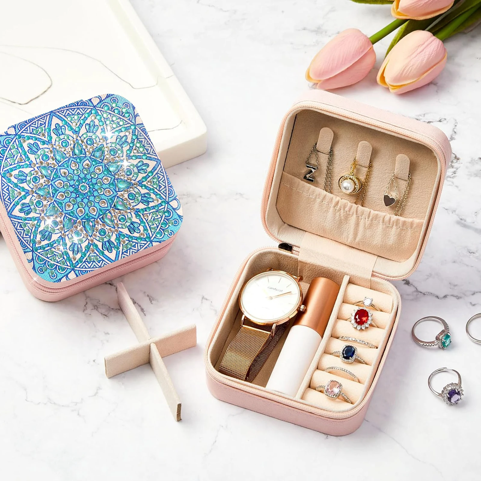 1pc/Set Mandala Diamond Art Travel Jewelry Box Diamond Painting Jewelry Storage Box Portable Diamond Art Jewelry Box for Adults