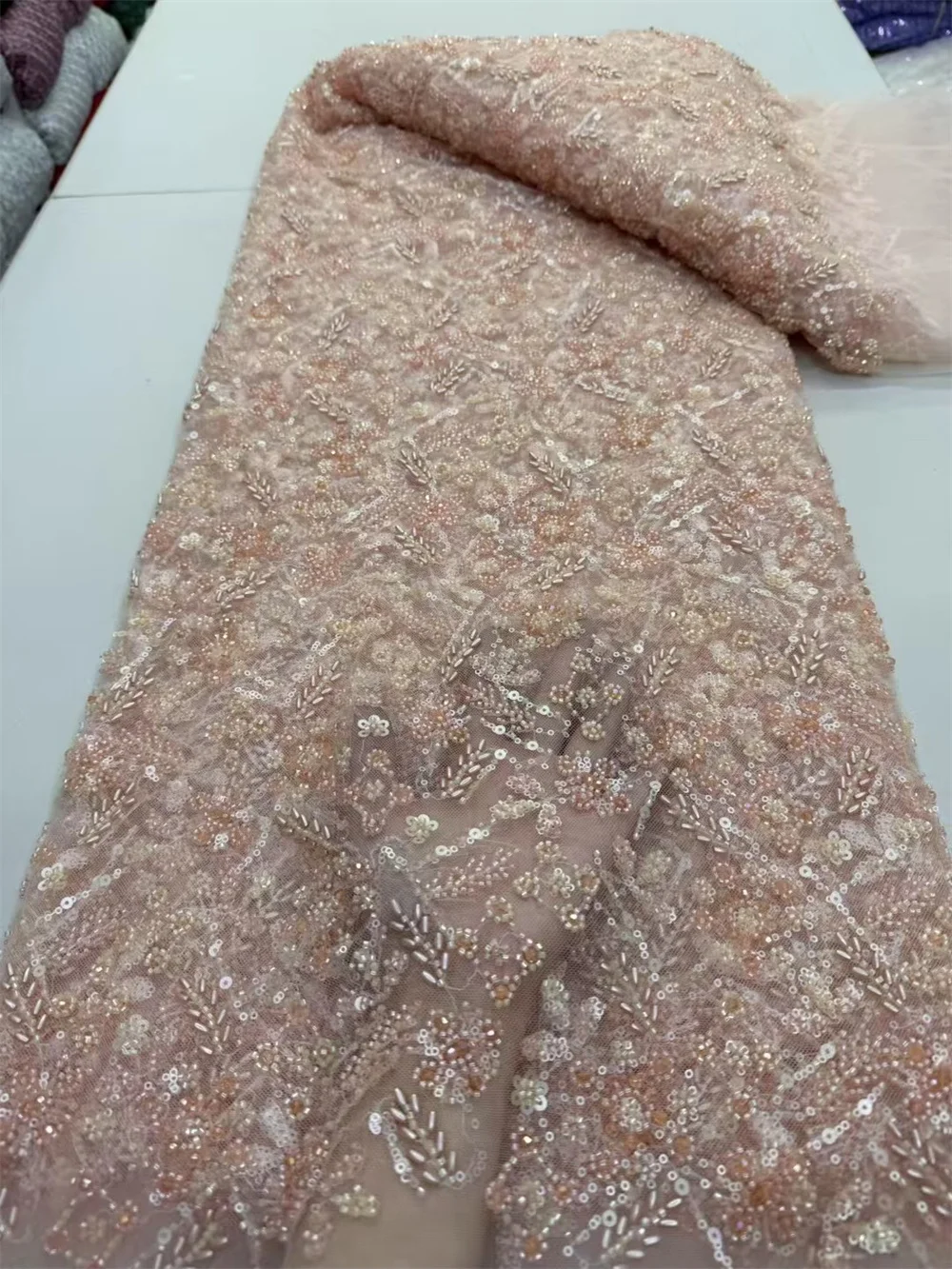 

French Sequins Beaded Groom Lace Fabric High Quality French Tulle Lace Fabric 2025 Embroidery Lace Fabrics For Wedding Dr W422-1
