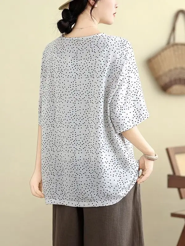 루즈핏 코튼 린넨 V넥/라운드넥 물방울 무늬 여성 상의 한국 스타일 여름 신상 큰 사이즈 중년 여성 상의