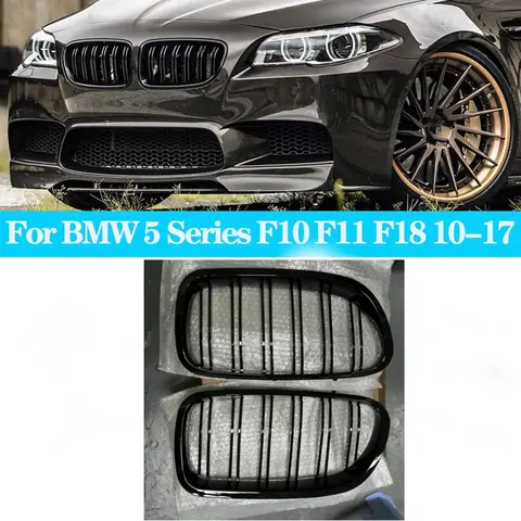BMW 5 시리즈 F10 F11 F18 520d 530d 540i 2010-2017 듀얼 라인 레이싱 그릴 용 광택 블랙 프론트 신장 더블 슬랫 그릴 그릴