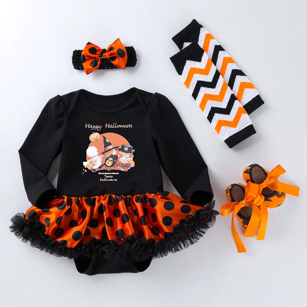 4pcs/Set Newborn Baby Girls Halloween Costume Romper 3 6 12 18 24 Month Dress Bebe Polka Dot Pumpkin Jumpsuit Clothes Outfit Set