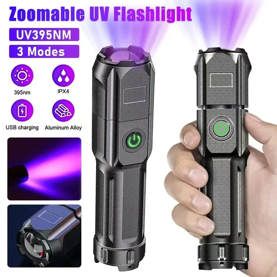 Portable UV Flashlight LED 395NM Zoomable ABS Torch 3 Modes Camping Ultraviolet Flashlights For Pet Stacks Fluorescent Detection