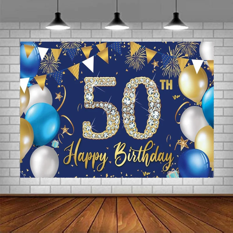 50th Birthday Party Photography Backdrop Decorations For men Men Blue Balloon Background Sign Banner Poster Photo Props