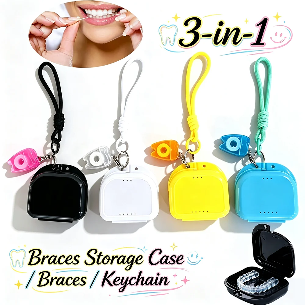 Three-In-One Braces Case Suitable for Storing Braces, Dental Floss, and Keychains. Available in 4 Colors. Includes One Solid Color Breathable Dental Case, One 5m Portable Dental Floss Holder, and One Lanyard