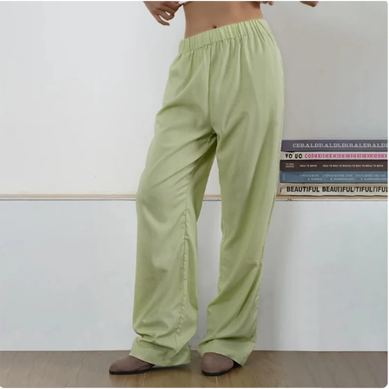 Fashion Cotton Pocket Loose Pants Women\'s Summer Straight Leg Pants Mid Waist Elastic Wide Leg Pants
