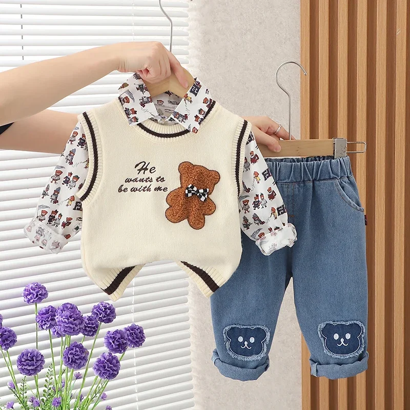 New Fashion Autumn Children Boys Girls Clothes Kids Sweater Vest Jacket Strips T-shirt Pants 3Pcs/Sets Kids Clothing Tracksuits