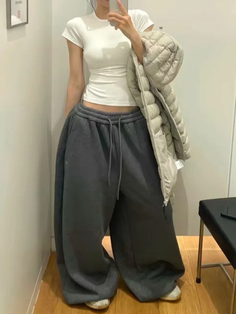 HOUZHOU Vintage Baggy Gray Warm Sweatpants Y2k Woman Oversized Harajuku Thick Sports Pants Streetwear Korean Trousers Winter