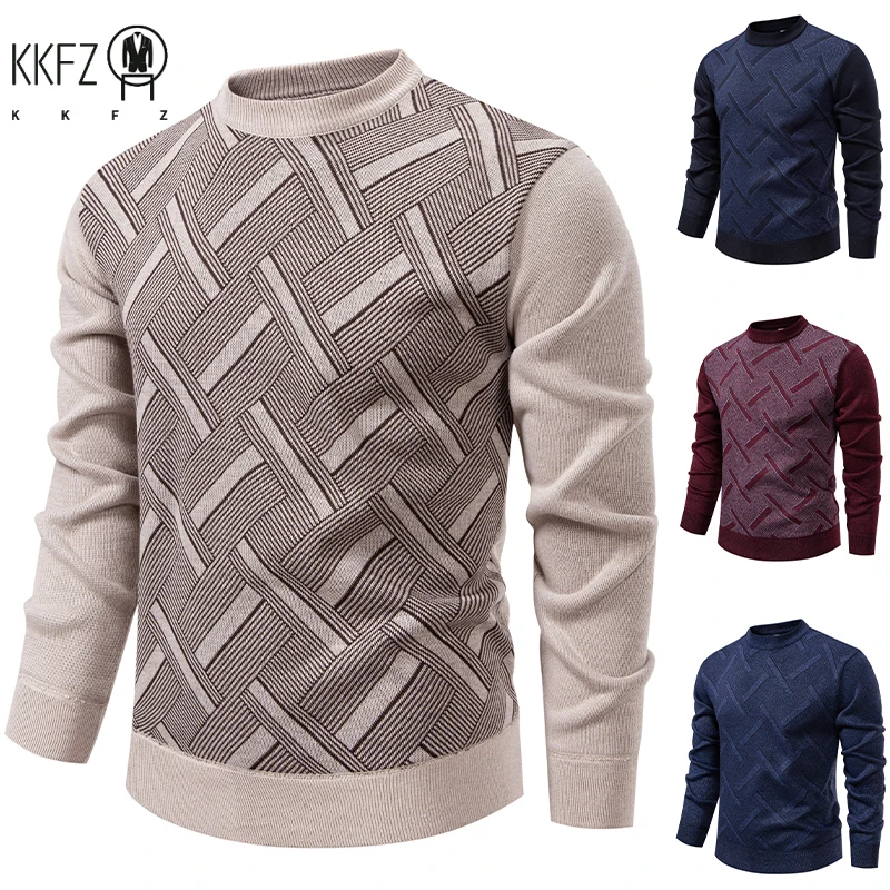 Patchwork Design Male Knit Jumper Geometric Woven Texture Soft Elastic Fabric Outdoor Travel Casual Long Sleeve Top