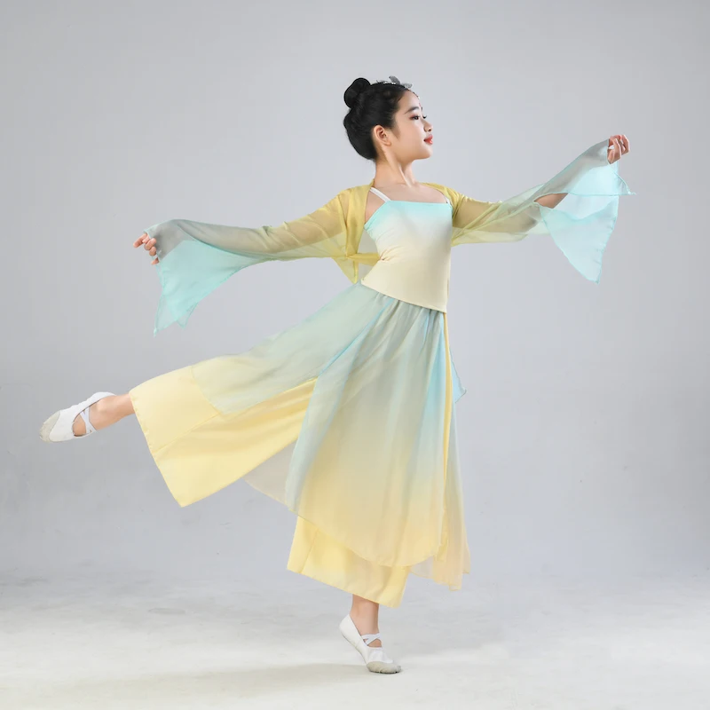 Traje de dança clássica para meninas, traje de dança chinesa, cinto vibrador infantil, roupas práticas, fan dance, performance de palco