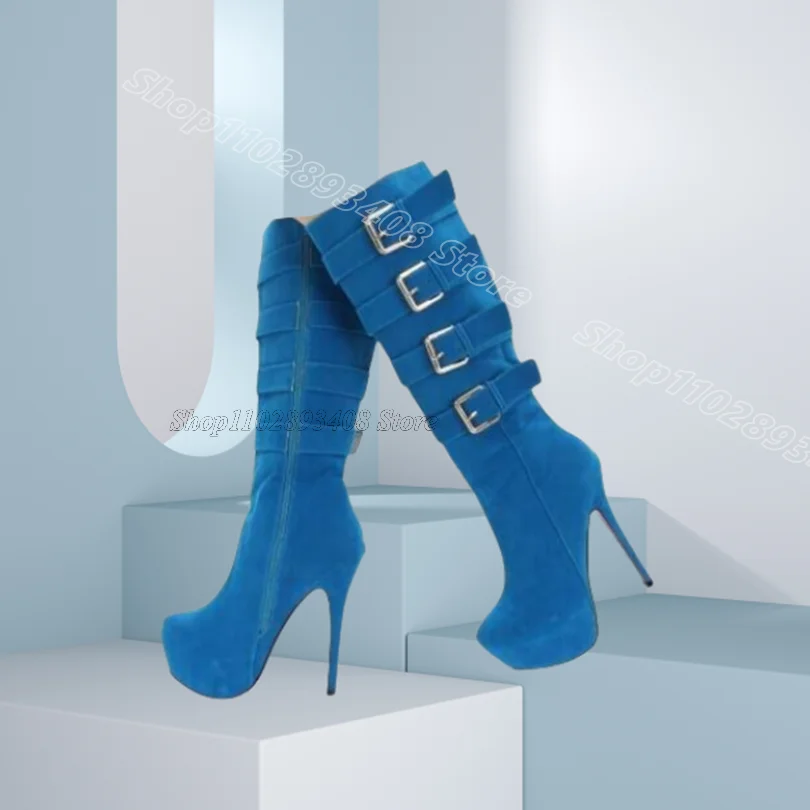 Blaue Plattform Stiletto Knie Stiefel Flock Runde Kappe Quadratische Schnalle Neue Mode Party Frühling Frauen Schuhe 2025, Zapatos Para Mujere