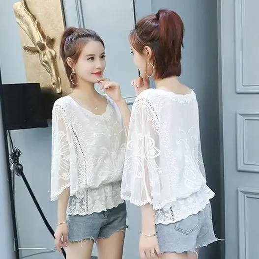 Women 2025 Summer Lace Blouses Shirt White Black Casual O Neck Batwing Sleeve Tops Ladies Elegant Blouse Blusas Mujer De Moda