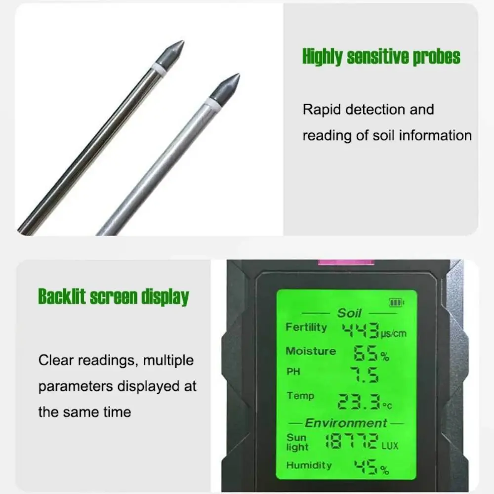 

6 in 1 6 in 1 Soil Meter Humidity Detection LCD Display Soil PH Tester Sunlight Detection Land Analysis Soil Fertility Detector