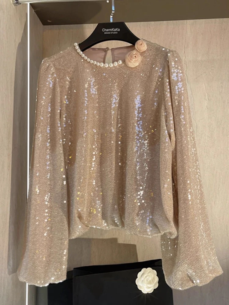 

Elegant 3D Floral Shirts Women Autumn Winter Long Sleeve Sequins Vintage Blouse Loose Casual Beading Office Lady Retro Tops New