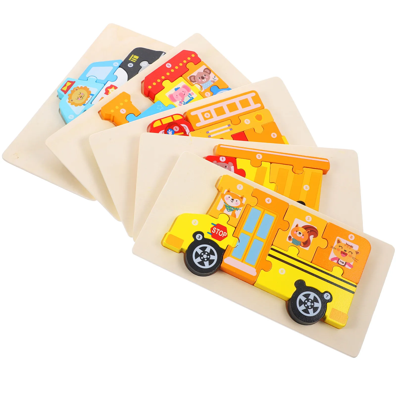 

5Sets Wood 3D Puzzle Cartoon Educational Learning Puzzle for Toddlers Kids Hand Eye Coordination Development Toddler Game Toy