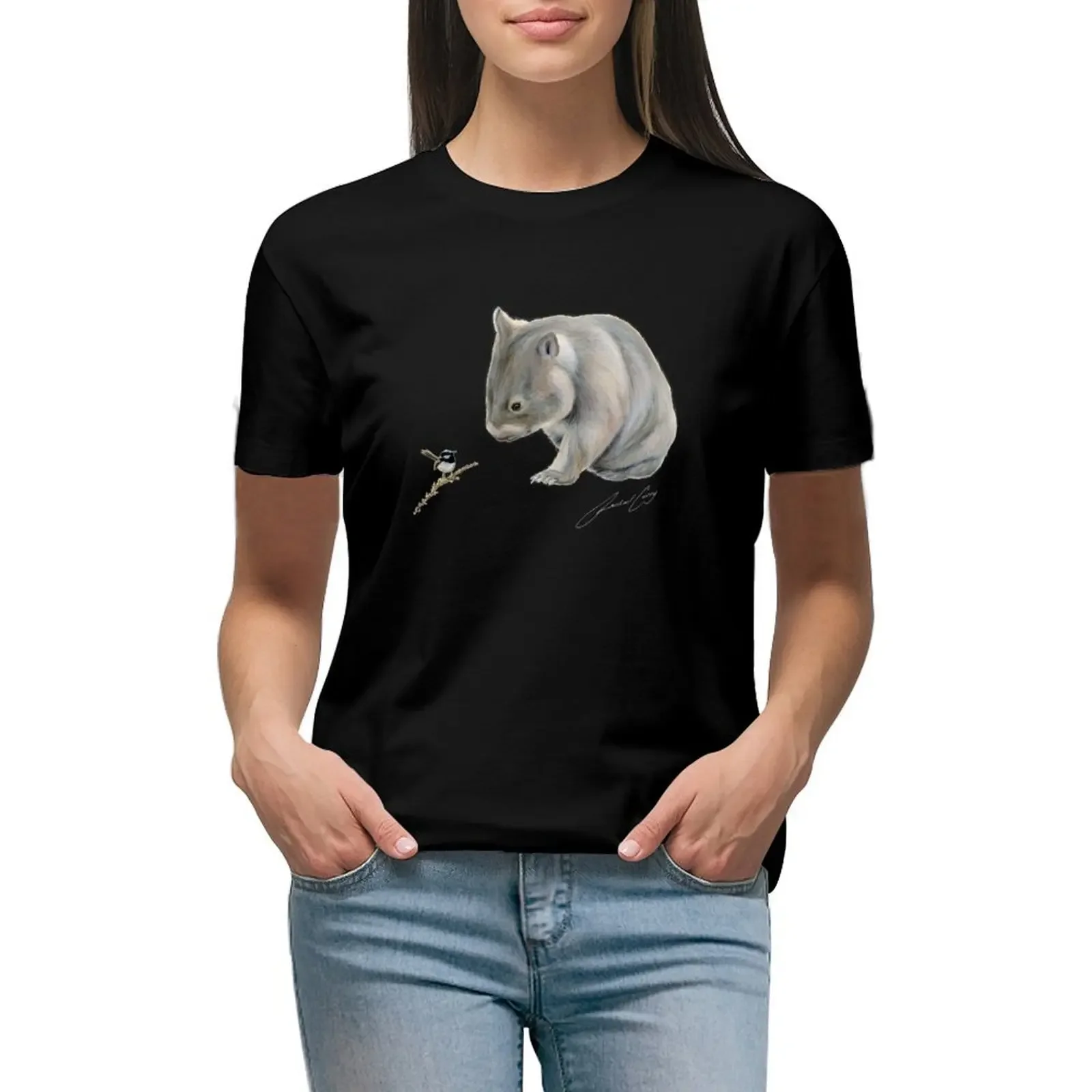 

Wombat and Blue Wren Friends with signature. Superb blue fairy wren. T-Shirt blacks summer clothes western t shirts for Women