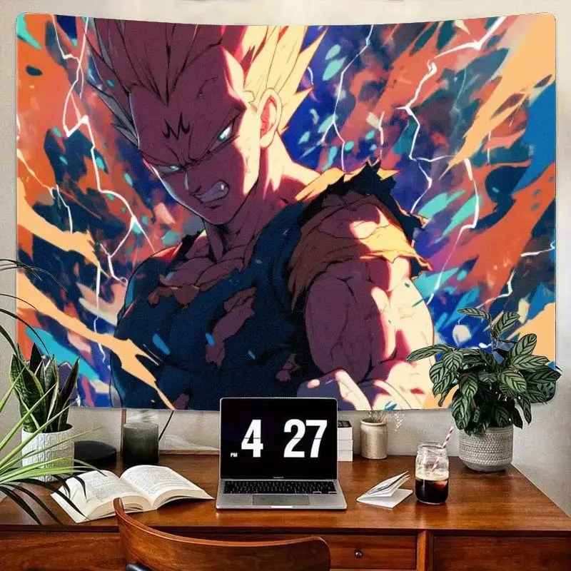 Tapiz de personaje musculoso Rubio con puntas de Anime, con efectos de rayos, arte de pared colorido naranja, azul y blanco para dormitorio, 1 ud.