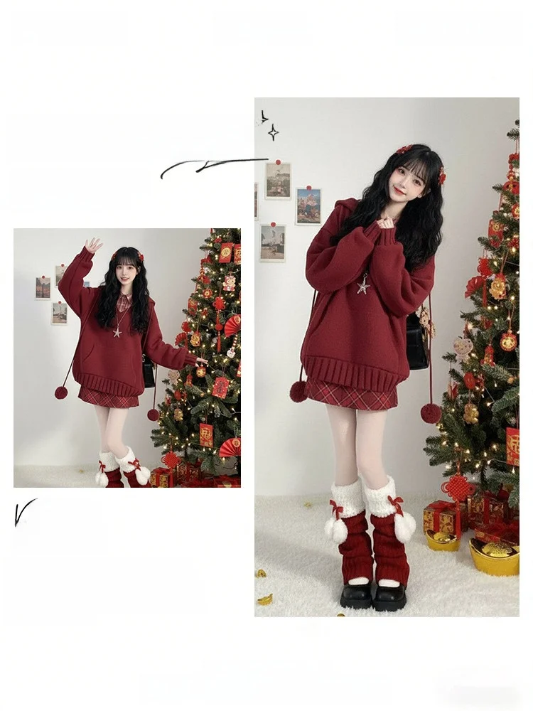 

Faionable Red Dr Set Women's Winter Clothing Korean Sle Loose Fit Long Sve Knitted Warm Coat Hat And Dr Combo