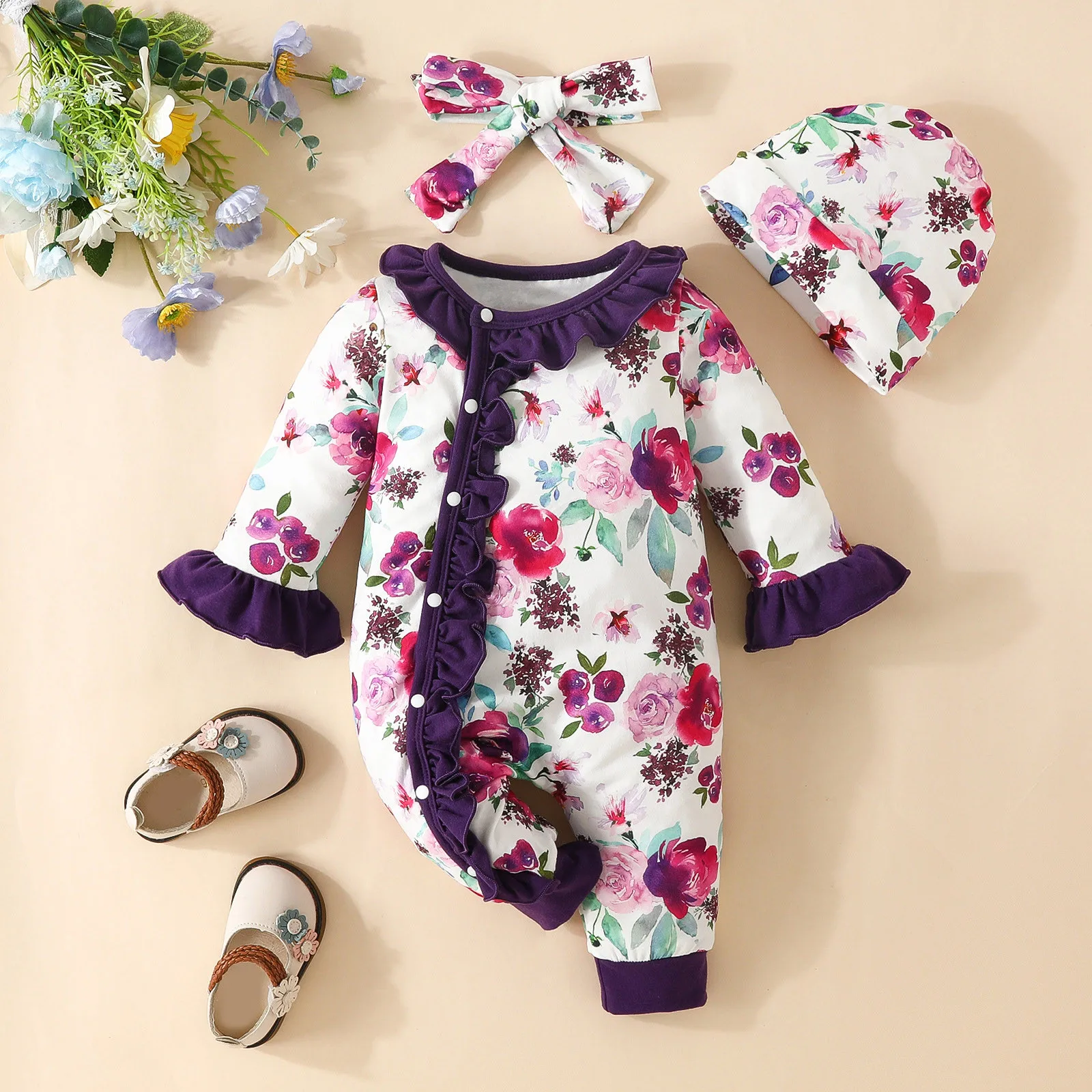 Infant Baby Girls 3 Piece Outfits Floral Long Sleeves Ruffle Rompers and Headband+Hat Clothes for Toddler Infant 0 to 18 Months