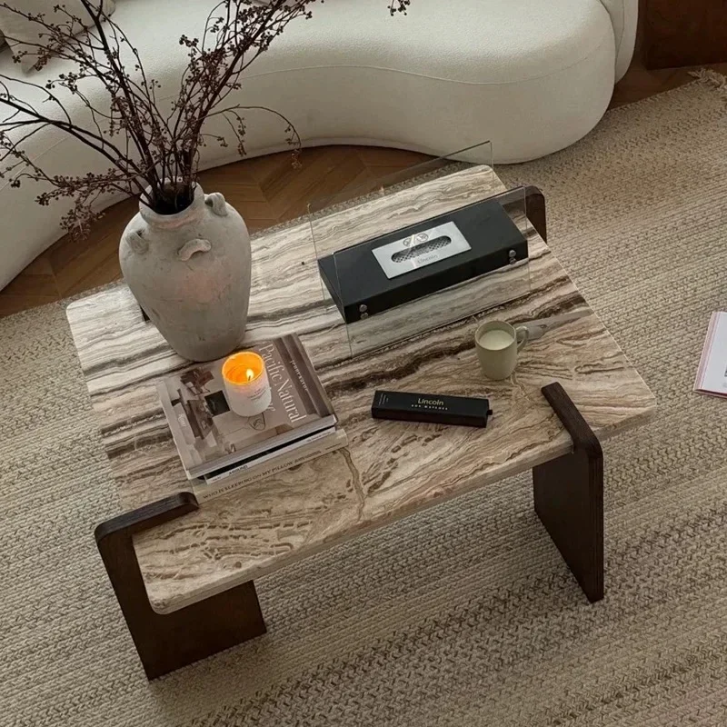 

For basse travertin Vintage français, Table à thé en pierre naturelle wabi-sabi avec Palette de crème pour salon du milieu
