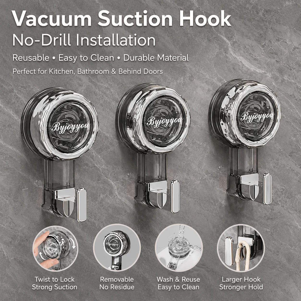 Rotating Vacuum Suction Cup Hook Punch Free Heavy Duty Reusable Wall Hanger for Kitchen Bathroom Door Clothes view 5