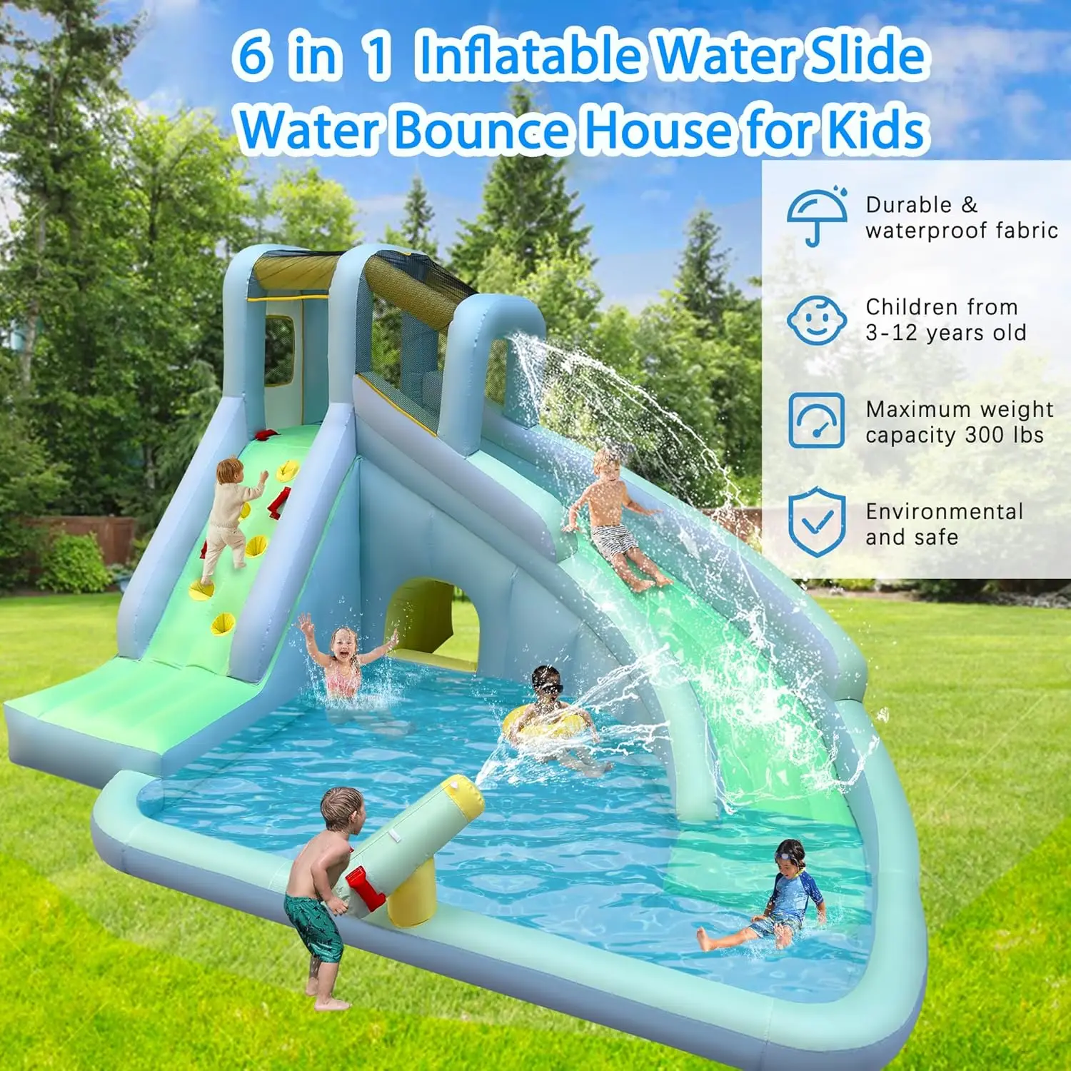6-in-1 Inflatable Kids Bounce House Water Park, 550W Blower Included, Large Slide Climbing Wall Splash Pool with Water Gun, Outdoor Summer Backyard Party Fun