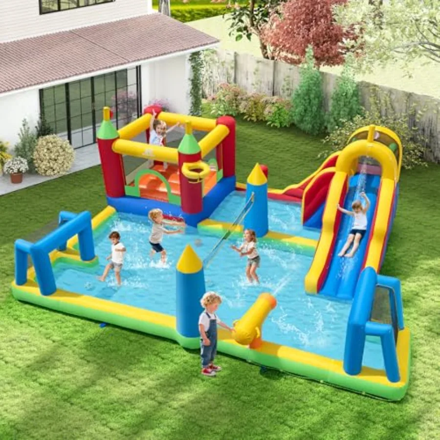 Backyard and indoor outdoor inflatable water slide park for kids 3-12: 9-in-1 bounce house with water slides, basketball hoop,