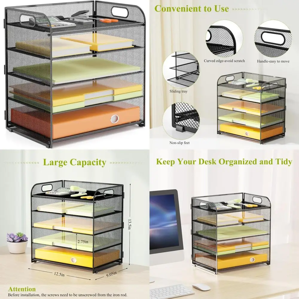 

5 tier paper letter tray organizer with handles, mesh desk file organizer metal paper sorter holder, desktop document shelf tra