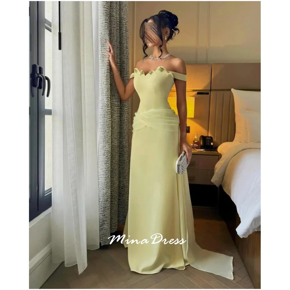 

Mina Back-length Arabic Evening Dress Luxury Evening Dresses 2025 Customized Pleated Beads Floor Mopping Skirt Sleeveless Party
