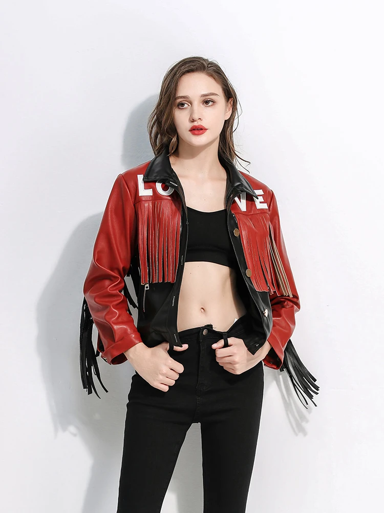 Slim Women Red White Contast Faux Leather Jacket Spring Autumn Fashion Streetwear High Waist Patchwork Motorcycle Coat