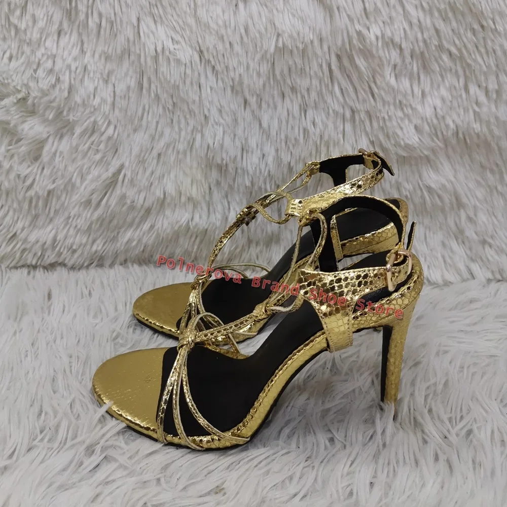 Luxury Snake Skin Stiletto Heel Sandals Cross Ankle Strap Modern Sandals Runway Banquet Shoes for Women 2023 Summer Newest Sexy