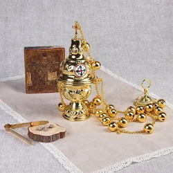 HTISOK Hanging Orthodox Incense Burner with Bells Gold Swinging Catholic Church Supplies 26 Inch Chains with 24 Bell