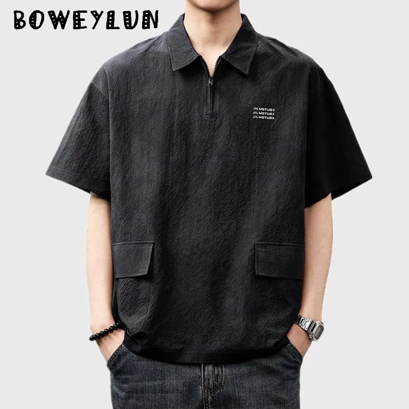 

BOWEYLUN Ice Silk Quick Dry Bubble Muscle Polo Shirt Men's Summer Half-zipper Pocket Short-sleeved T-shirt Tops for Male