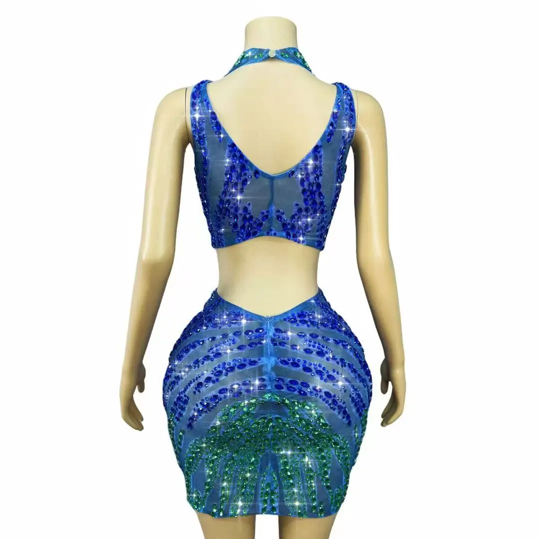 Blue Green Rhinestone 2 Piece Outfit Sleeveless Mesh Crop Top Bodycon Mini Skirt Nightclub Singer Stage Birthday Party Costume